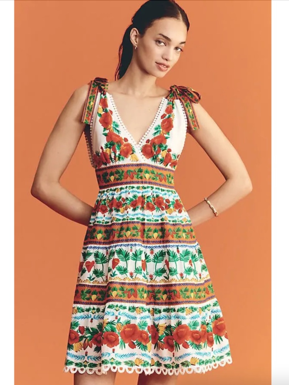 Farm Rio x Anthropologie V-neck Tiered Mini Dress Women's Size Small